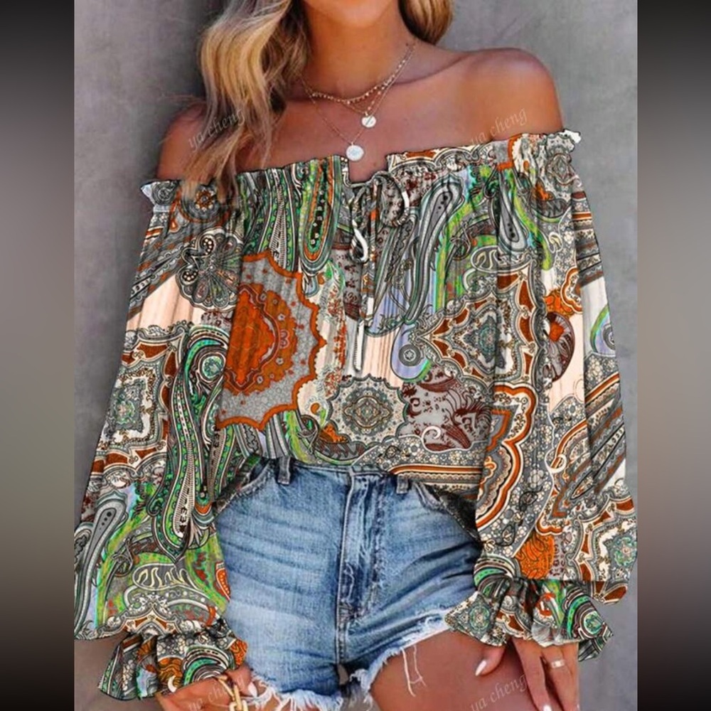 Paisley Print Off Shoulder Top